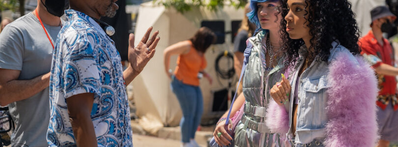 Director Bill Porter and actors Kelly Lamor Wilson and Eva Reign and on the set of their film Anything's Possible An Orion Pictures Release. Photo credit: Tony Rivetti© 2022 Orion Releasing LLC. All Rights Reserved.
