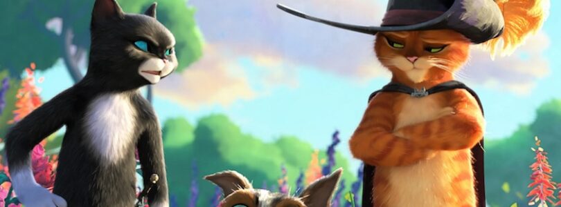 Antonio Banderas, Salma Hayek, and Harvey Guillén in "Puss in Boots: The Last Wish."