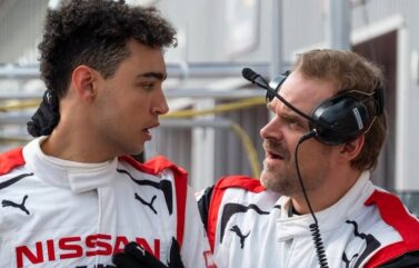 David Harbour (right) and Archie Madekwe in "Gran Turismo."