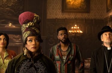 Rosario Dawson (from left), Tiffany Haddish, LaKeith Stanfield, and Owen Wilson in Disney's live-action "Haunted Mansion."