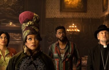 Rosario Dawson (from left), Tiffany Haddish, LaKeith Stanfield, and Owen Wilson in Disney's live-action "Haunted Mansion."