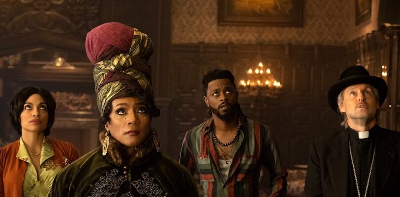 Rosario Dawson (from left), Tiffany Haddish, LaKeith Stanfield, and Owen Wilson in Disney's live-action "Haunted Mansion."