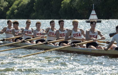 Sam Strike (l-r) stars as Roger Morris, Thomas Elms as Chuck Day, Joel Phillimore as Gordy Adam, Tom Varey as Johnny White, Wil Coban as Jim McMillan, Bruce Herbelin-Earle as Shorty Hunt, Callum Turner as Joe Rantz, Jack Mulhern as Don Hume and Luke Slattery as Bobby Moch in director George Clooney’s THE BOYS IN THE BOAT.