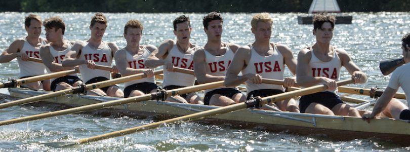 Sam Strike (l-r) stars as Roger Morris, Thomas Elms as Chuck Day, Joel Phillimore as Gordy Adam, Tom Varey as Johnny White, Wil Coban as Jim McMillan, Bruce Herbelin-Earle as Shorty Hunt, Callum Turner as Joe Rantz, Jack Mulhern as Don Hume and Luke Slattery as Bobby Moch in director George Clooney’s THE BOYS IN THE BOAT.