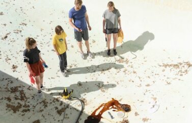 Amélie Hoeferle (from left), Gavin Warren, Wyatt Russell, and Kerry Condon in "Night Swim," written and directed by Bryce McGuire.