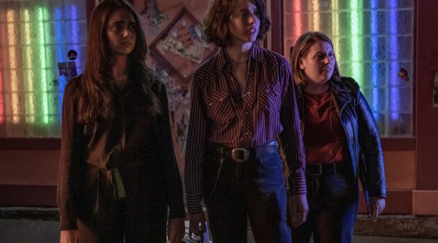 Geraldine Viswanathan (l-r), Margaret Qualley, and Beanie Feldstein in director Ethan Coen's "Drive-Away Dolls."