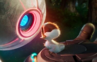 Boone Storm, Lupita Nyong'o, and Kit Connor in “The Wild Robot.”