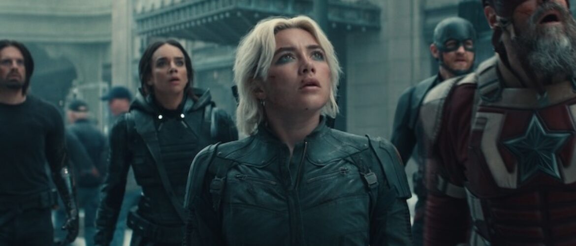 Wyatt Russell, David Harbour, Sebastian Stan, Hannah John-Kamen, Florence Pugh, and John Davis Walker in “Thunderbolts*.” Photo by Marvel Studios/Courtesy of Marvel Studios - © 2024 MARVEL.