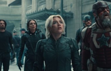 Wyatt Russell, David Harbour, Sebastian Stan, Hannah John-Kamen, Florence Pugh, and John Davis Walker in “Thunderbolts*.” Photo by Marvel Studios/Courtesy of Marvel Studios - © 2024 MARVEL.