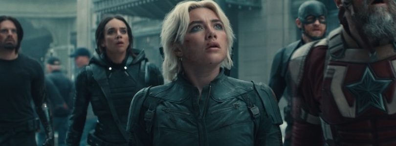 Wyatt Russell, David Harbour, Sebastian Stan, Hannah John-Kamen, Florence Pugh, and John Davis Walker in “Thunderbolts*.” Photo by Marvel Studios/Courtesy of Marvel Studios - © 2024 MARVEL.