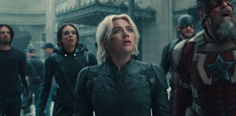 Wyatt Russell, David Harbour, Sebastian Stan, Hannah John-Kamen, Florence Pugh, and John Davis Walker in “Thunderbolts*.” Photo by Marvel Studios/Courtesy of Marvel Studios - © 2024 MARVEL.