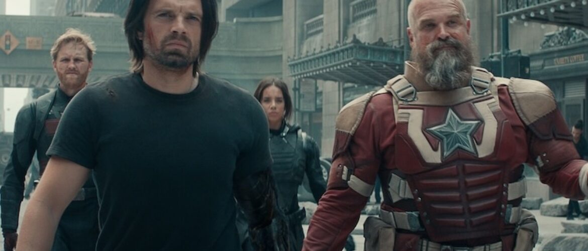 Wyatt Russell, John Walker, David Harbour, Sebastian Stan, and Hannah John-Kamen in “Thunderbolts*.”