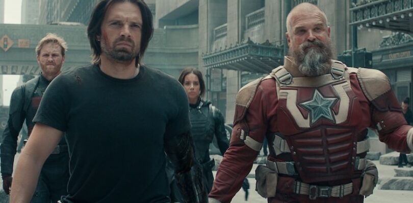 Wyatt Russell, John Walker, David Harbour, Sebastian Stan, and Hannah John-Kamen in “Thunderbolts*.”