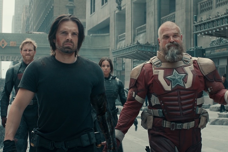 Wyatt Russell, John Walker, David Harbour, Sebastian Stan, and Hannah John-Kamen in “Thunderbolts*.”