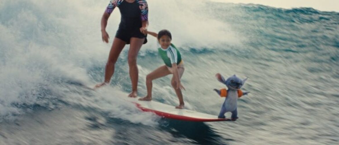 Stitch, Maia Kealoha, Nani, and Sydney Agudong in “Lilo & Stitch.”