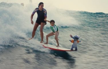 Stitch, Maia Kealoha, Nani, and Sydney Agudong in “Lilo & Stitch.”