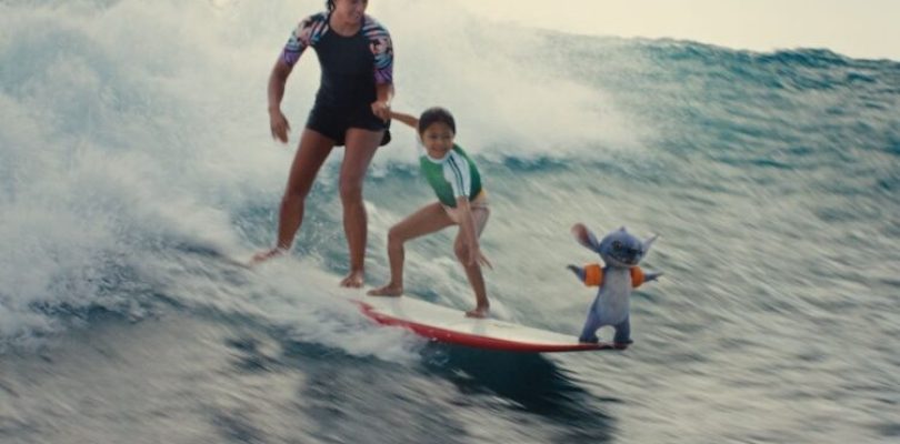 Stitch, Maia Kealoha, Nani, and Sydney Agudong in “Lilo & Stitch.”