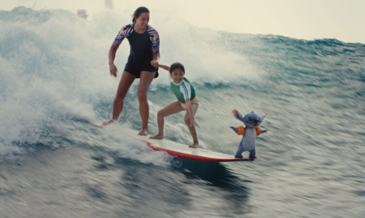 Stitch, Maia Kealoha, Nani, and Sydney Agudong in “Lilo & Stitch.”
