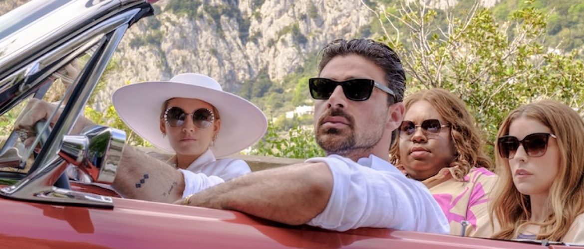 Anna Kendrick, Blake Lively, Alex Newell, and Michele Morrone in “Another Simple Favor.”