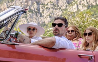 Anna Kendrick, Blake Lively, Alex Newell, and Michele Morrone in “Another Simple Favor.”