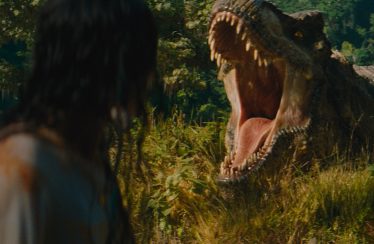 Luna Blaise and the T-Rex in “Jurassic World Rebirth,” directed by Gareth Edwards.