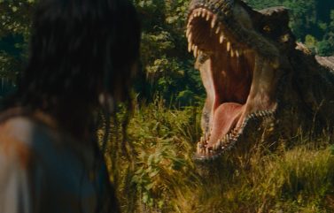 Luna Blaise and the T-Rex in “Jurassic World Rebirth,” directed by Gareth Edwards.
