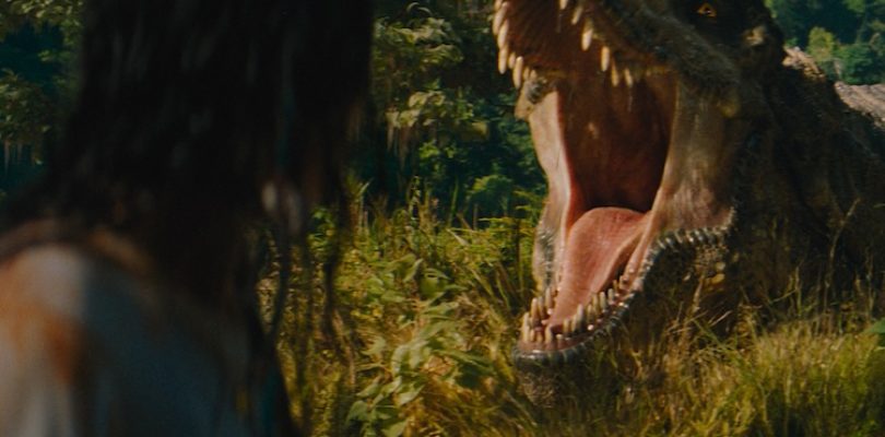 Luna Blaise and the T-Rex in “Jurassic World Rebirth,” directed by Gareth Edwards.