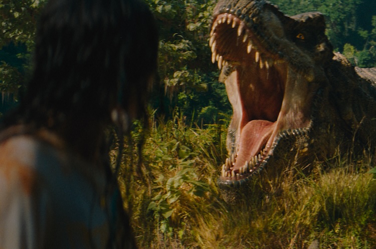 Luna Blaise and the T-Rex in “Jurassic World Rebirth,” directed by Gareth Edwards.