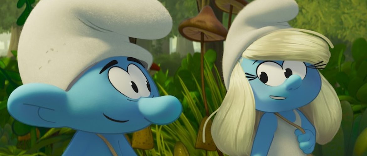 No Name (James Corden) and Smurfette (Rihanna) in Smurfs from Paramount Animation.