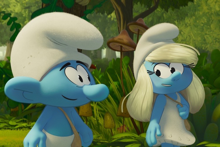 No Name (James Corden) and Smurfette (Rihanna) in Smurfs from Paramount Animation.