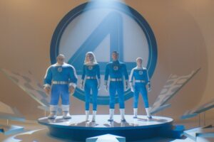 Ebon Moss-Bachrach, Vanessa Kirby, Pedro Pascal, and Joseph Quinn in “The Fantastic Four: First Steps.”