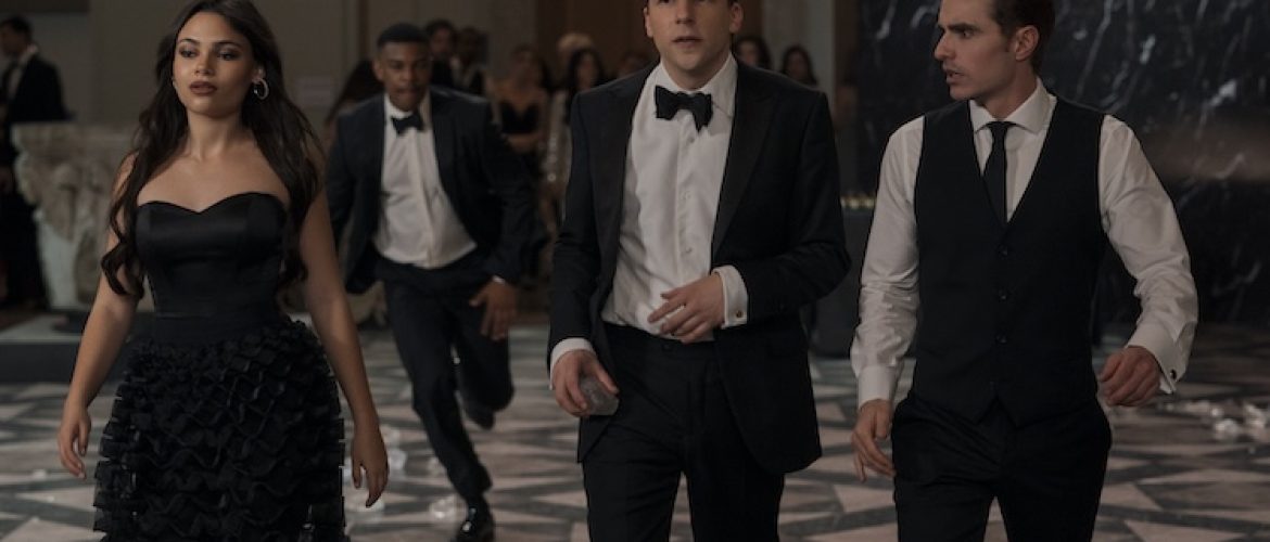 Ariana Greenblatt as June, Jesse Eisenberg as Daniel Atlas, and Dave Franco as Jack Wilder in “Now You See Me: Now You Don’t.”