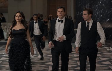 Ariana Greenblatt as June, Jesse Eisenberg as Daniel Atlas, and Dave Franco as Jack Wilder in “Now You See Me: Now You Don’t.”