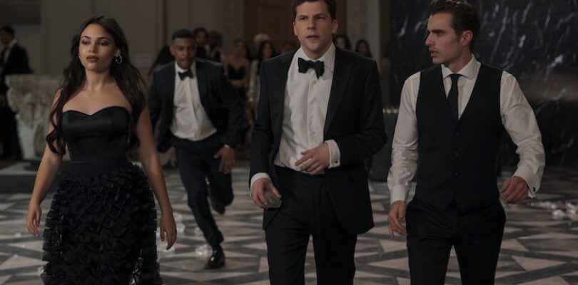 Ariana Greenblatt as June, Jesse Eisenberg as Daniel Atlas, and Dave Franco as Jack Wilder in “Now You See Me: Now You Don’t.”