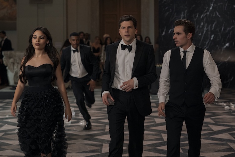 Ariana Greenblatt as June, Jesse Eisenberg as Daniel Atlas, and Dave Franco as Jack Wilder in “Now You See Me: Now You Don’t.”